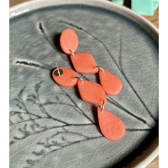 Handmade Polymer Clay Earrings Handcrafted Artwork Coral Sea Glass Dangles - Picture 5 of 5